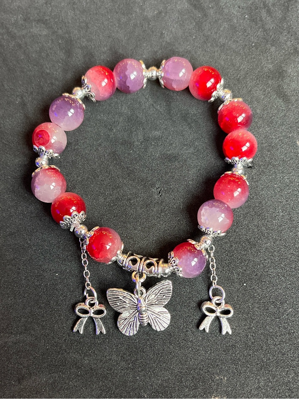 Silver Butterfly Charm Beaded Bracelet - Pink & Red